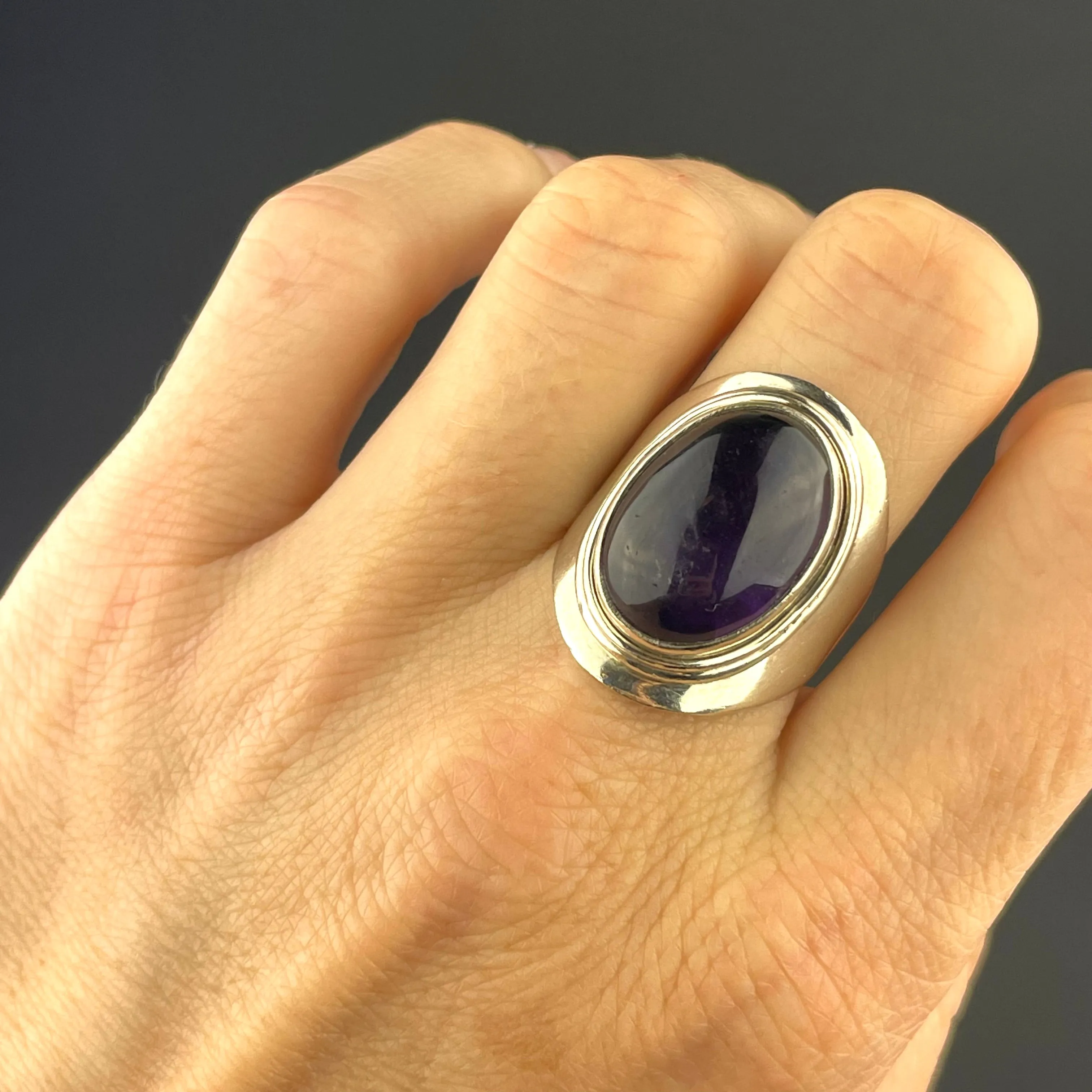 Vintage Amethyst Cabochon Silver Ring, Sz 8.5