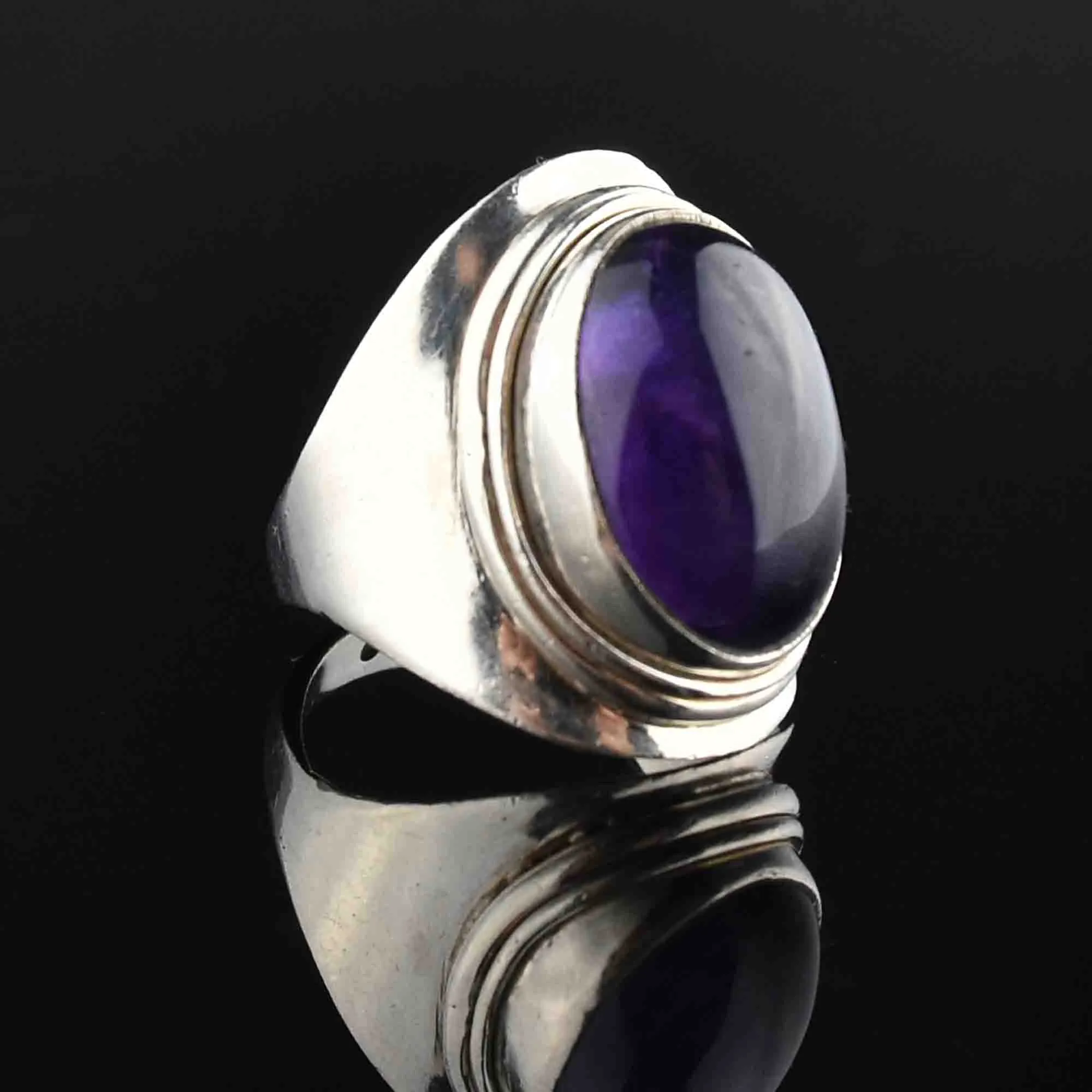 Vintage Amethyst Cabochon Silver Ring, Sz 8.5