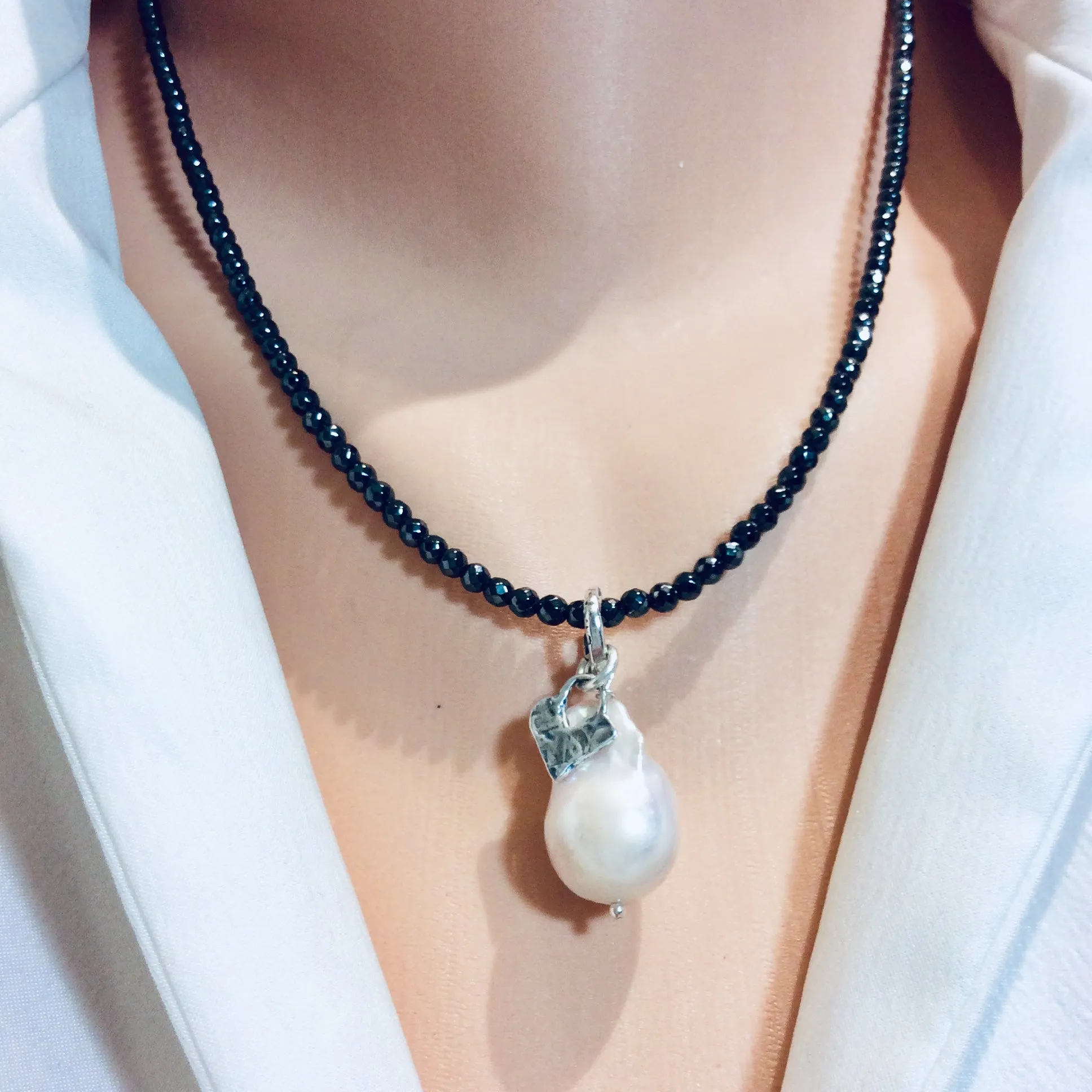 White Baroque Pearl Pendant w Tiny Heart Charm Floating on Hematite Beads Necklace, Sterling Silver Artisan Necklace