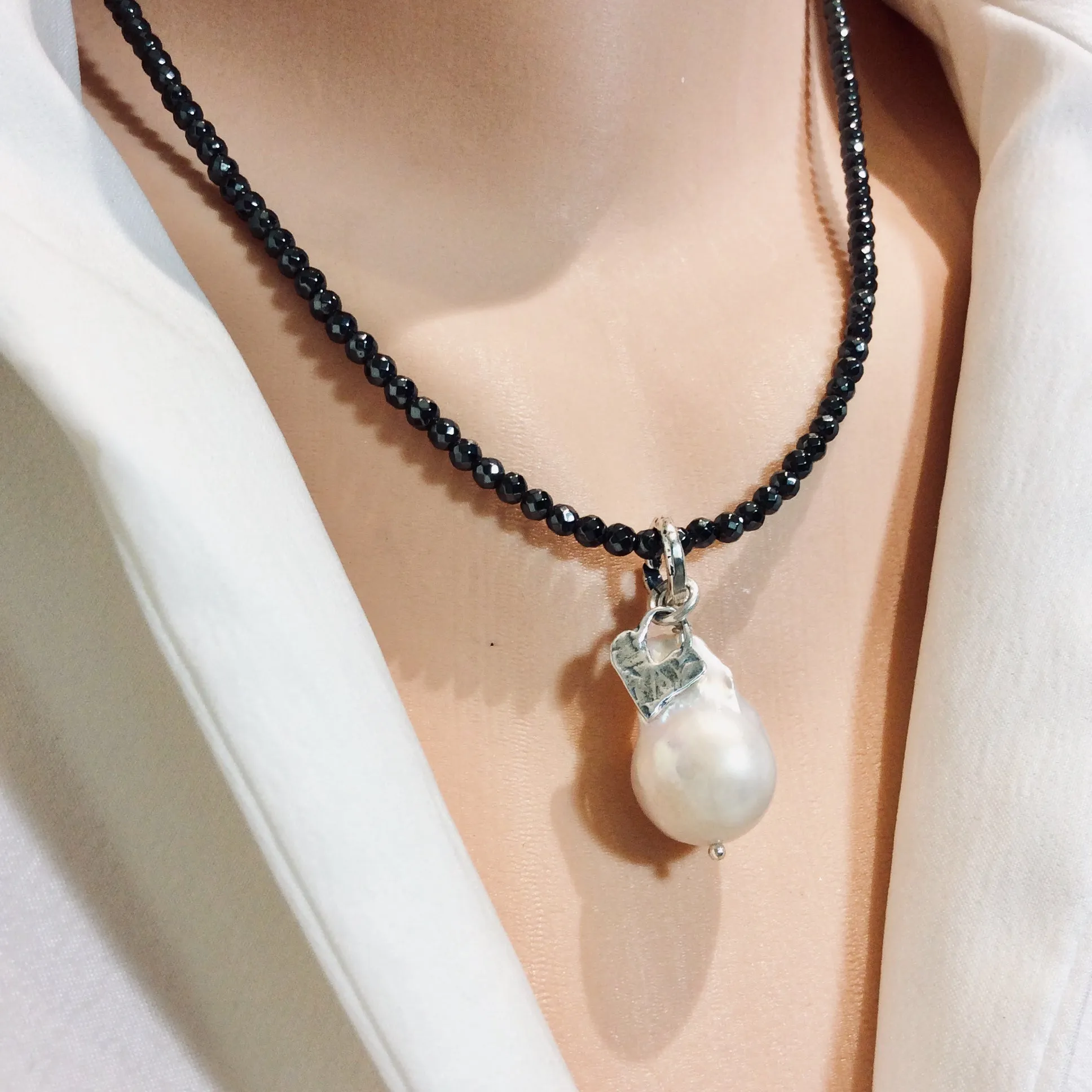 White Baroque Pearl Pendant w Tiny Heart Charm Floating on Hematite Beads Necklace, Sterling Silver Artisan Necklace