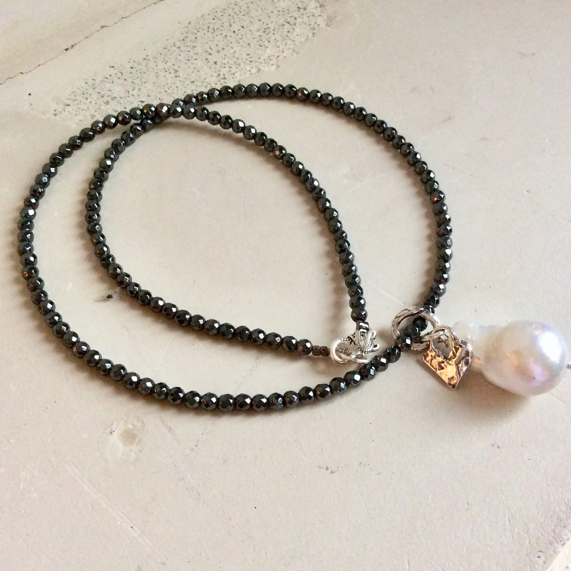 White Baroque Pearl Pendant w Tiny Heart Charm Floating on Hematite Beads Necklace, Sterling Silver Artisan Necklace