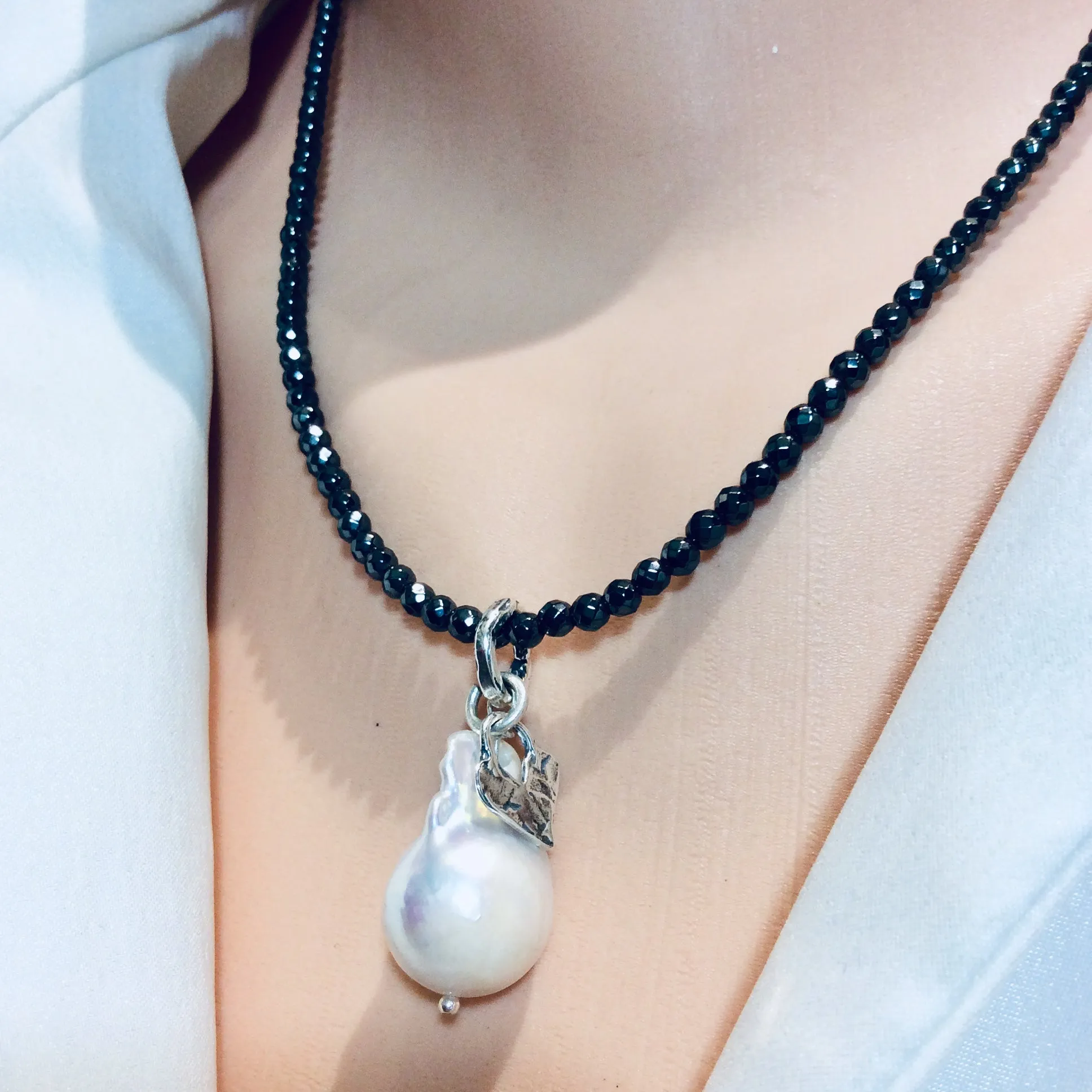 White Baroque Pearl Pendant w Tiny Heart Charm Floating on Hematite Beads Necklace, Sterling Silver Artisan Necklace