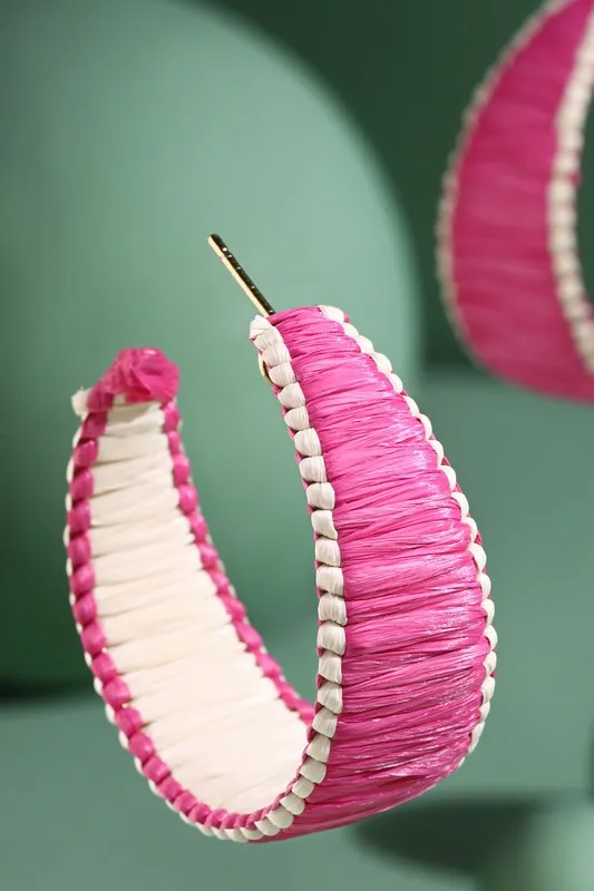 Wide Rattan Hoop Earrings - Fuchsia