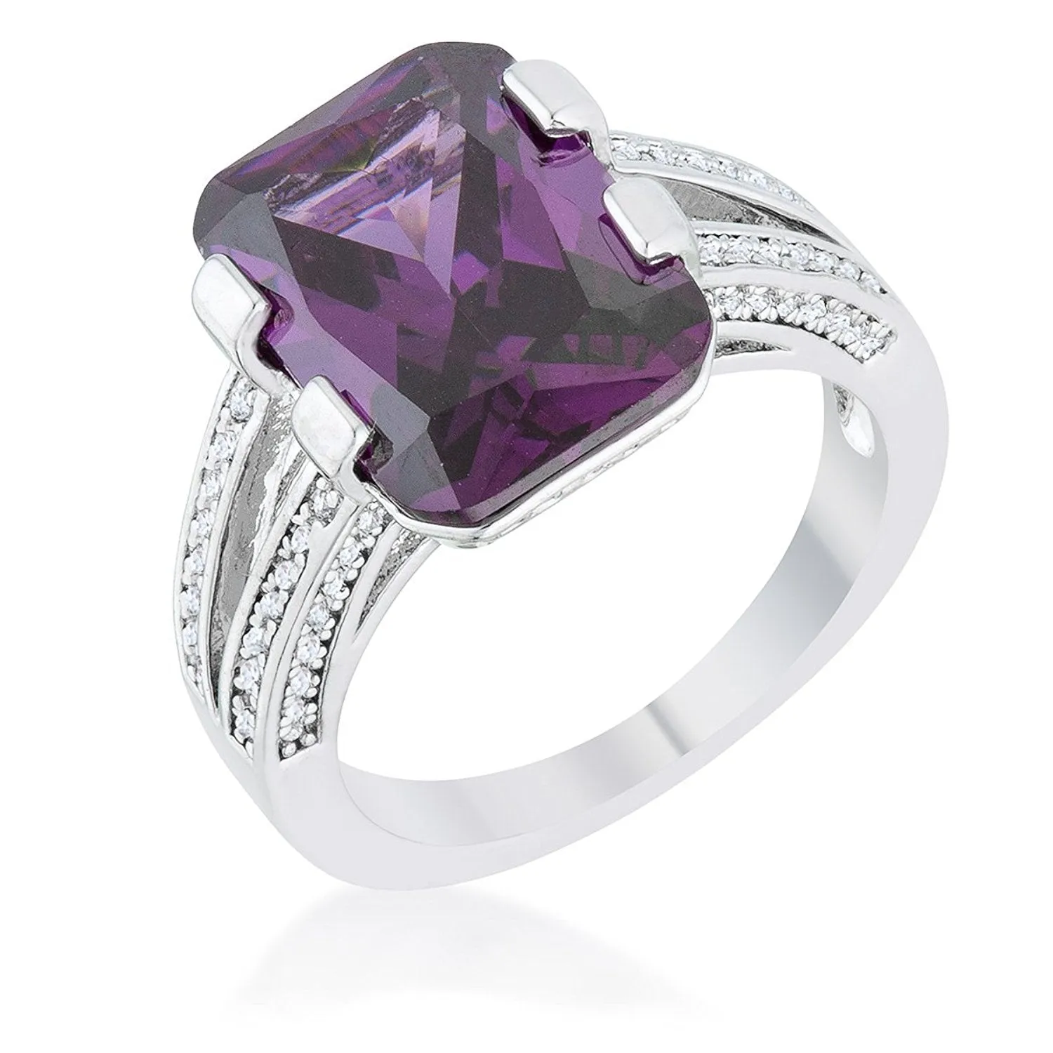 WildKlass 8.6ct Amethyst CZ Rhodium Plated Emerald Classic Cocktail Ring